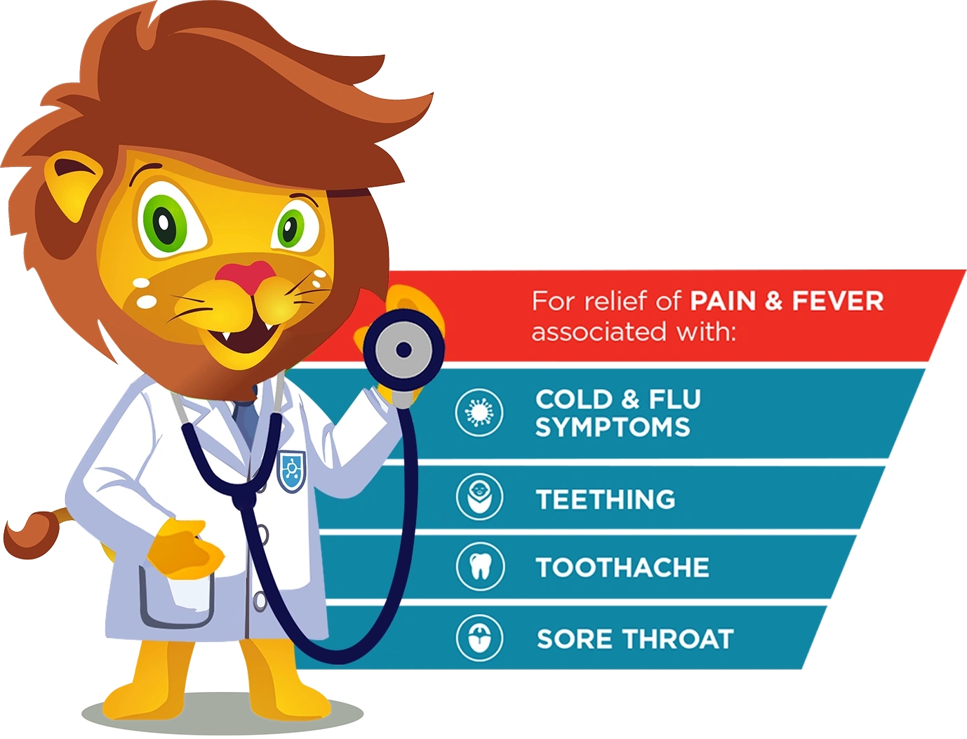 Roary the Lion doctor with pain and fever relief list